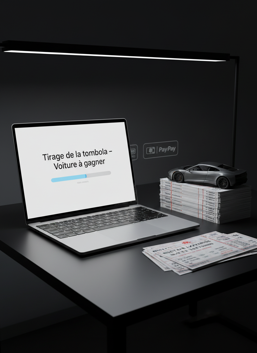 An ultra-clean, modern desktop scene featuring an open laptop on a matte black table, its screen showing a nearly full progress bar labeled “Tirage de la tombola – Voiture à gagner.” Next to the laptop sits a glossy miniature car model in metallic graphite, positioned atop a stack of digitally printed tickets with Albanian-language details. Cool white LED lighting from above creates crisp, shadowed edges and soft reflections on the laptop and model car. Shot from a three-quarter elevated angle, the background gently blurs into darkness except for a faint, glowing outline of card, PayPal, and Apple Pay icons. The atmosphere is tense yet exciting, visually capturing the moment just before the car lottery draw happens online.