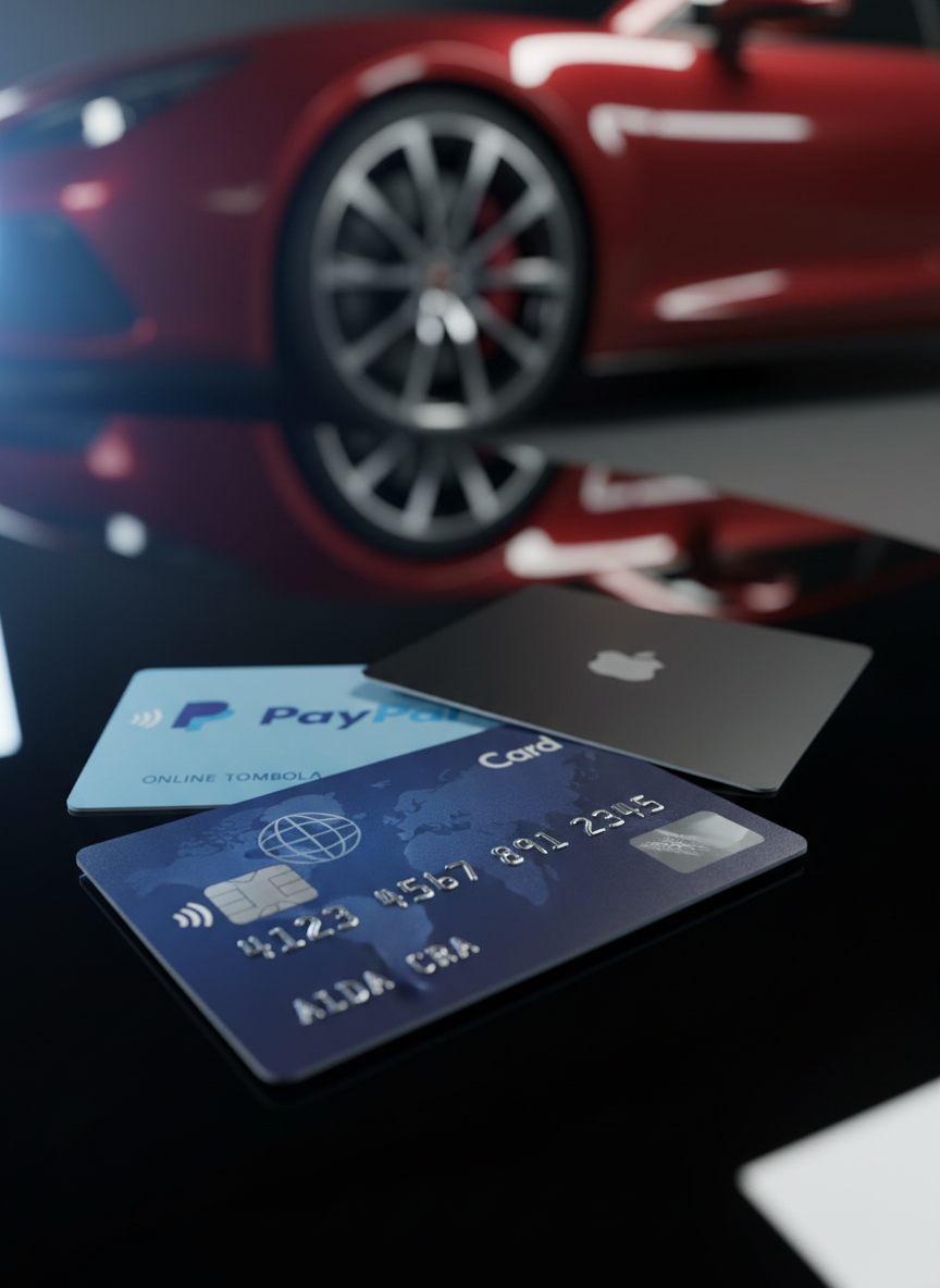 A close-up, photographic shot of three glossy payment cards—one credit card, one PayPal-branded card, and one sleek, minimalist card with an Apple logo—arranged in a fan shape on a reflective black glass surface. Behind them, slightly out of focus, a vibrant red car sits under dramatic studio lighting, its contours and wheel rims catching precise highlights. The cards are lit with a cool, directional light from the right, emphasizing embossed numbers and metallic chips, while a subtle blue glow from the left hints at a digital interface. The camera angle is low and tight, focusing on the forward card edges with a shallow depth of field, creating a bold, confident atmosphere that underlines secure, modern payment options for the online tombola.